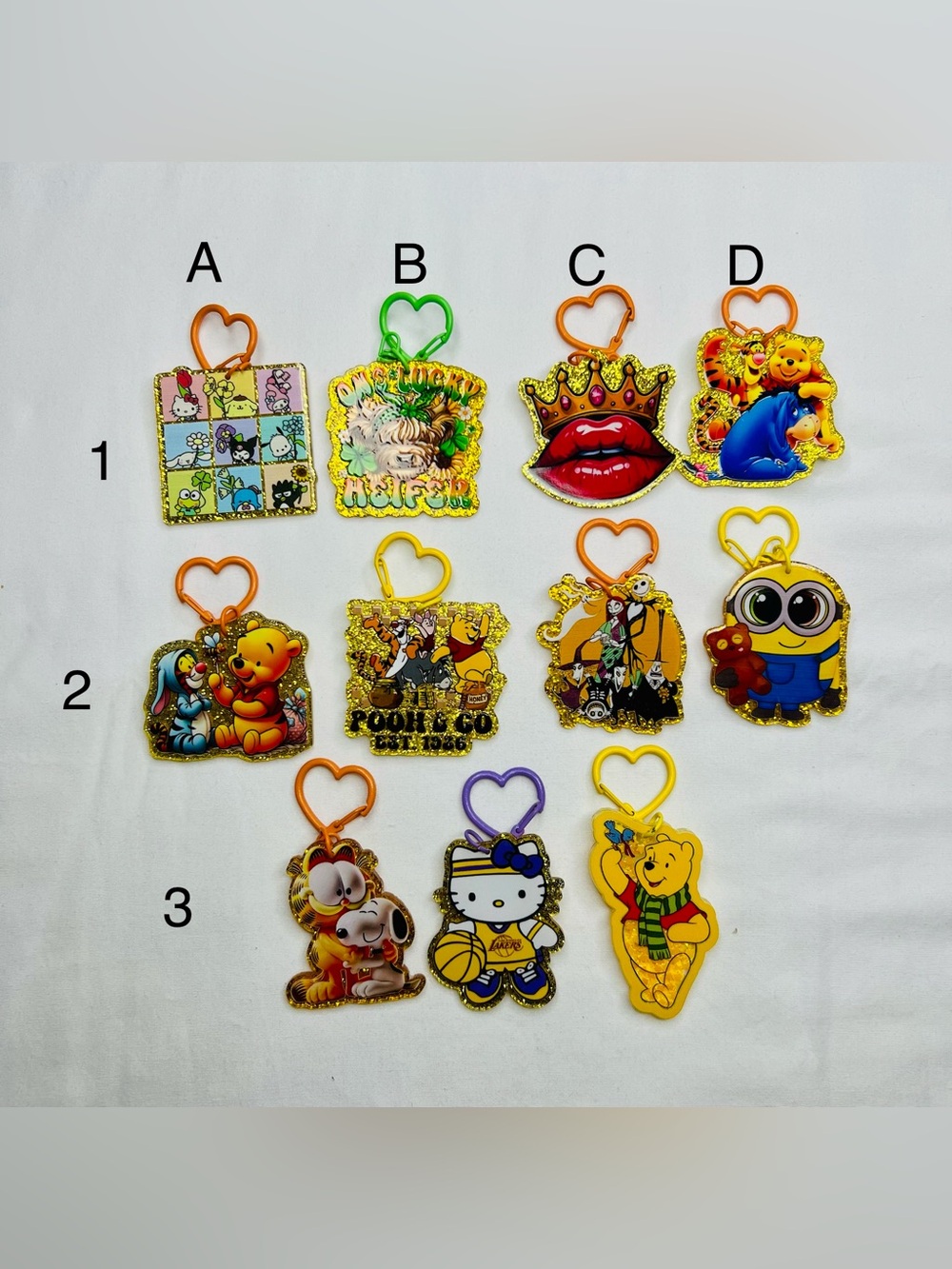 Assorted Cartoon Character Glitter Keychains bag charms- Yellow & Multicolor